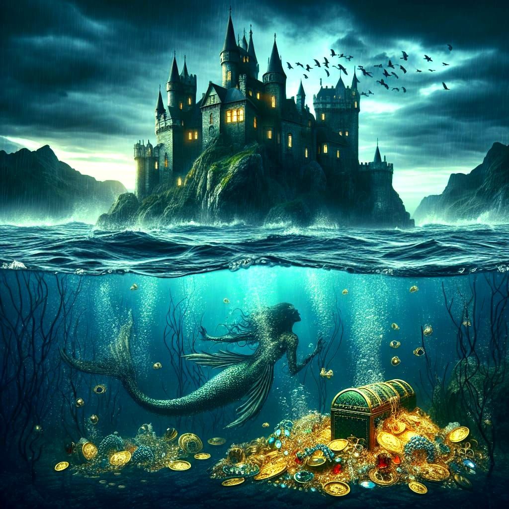 Mysterious Dark Castle Landscape with Underwater Treasure