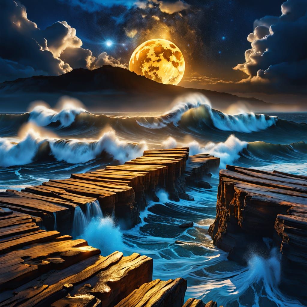 Golden Moon Over Stormy Ocean in Painterly Surrealism