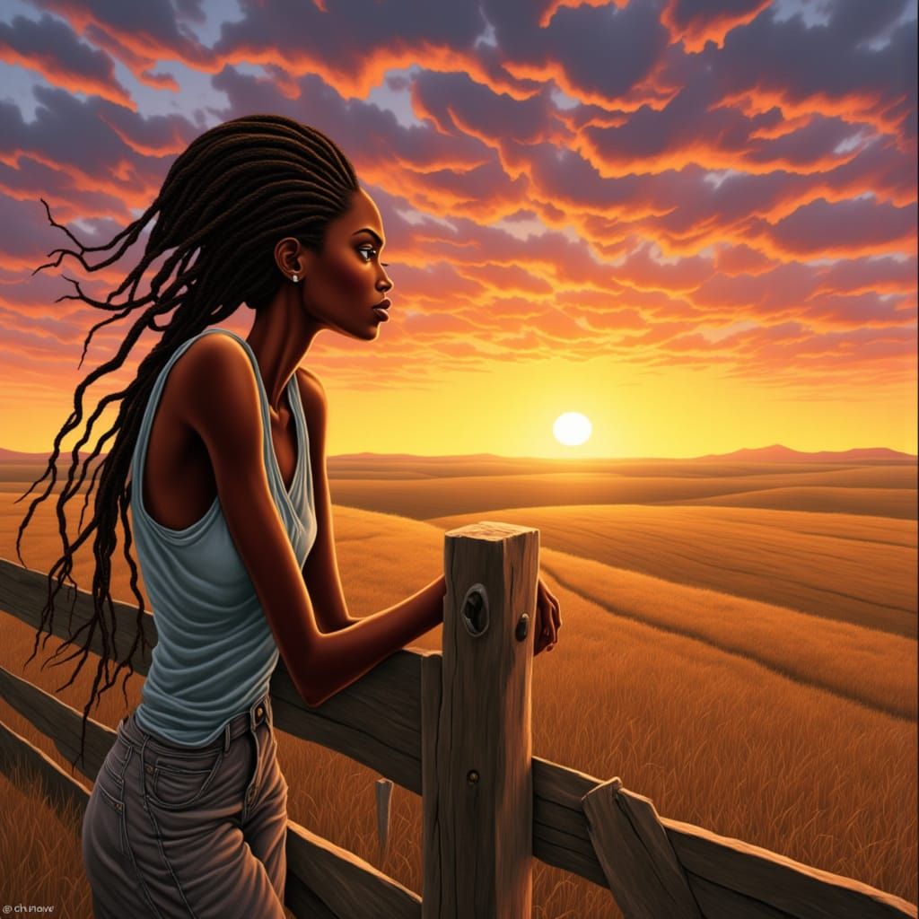 Black Woman Gazes at Vibrant Sunset Over Prairie in Art Nouv...