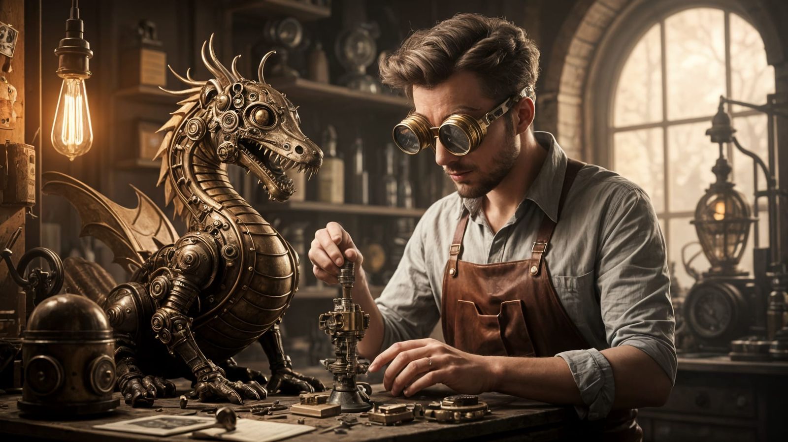 Fantasy cosplay photo of a steampunk inventor, with brass goggles and a leather apron, tinkering with a mechanical drago...
