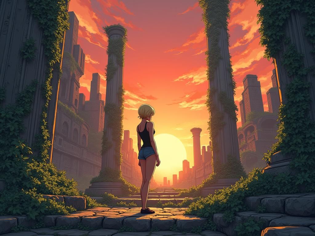 Blonde Girl at Ancient Ruins in Anime Style