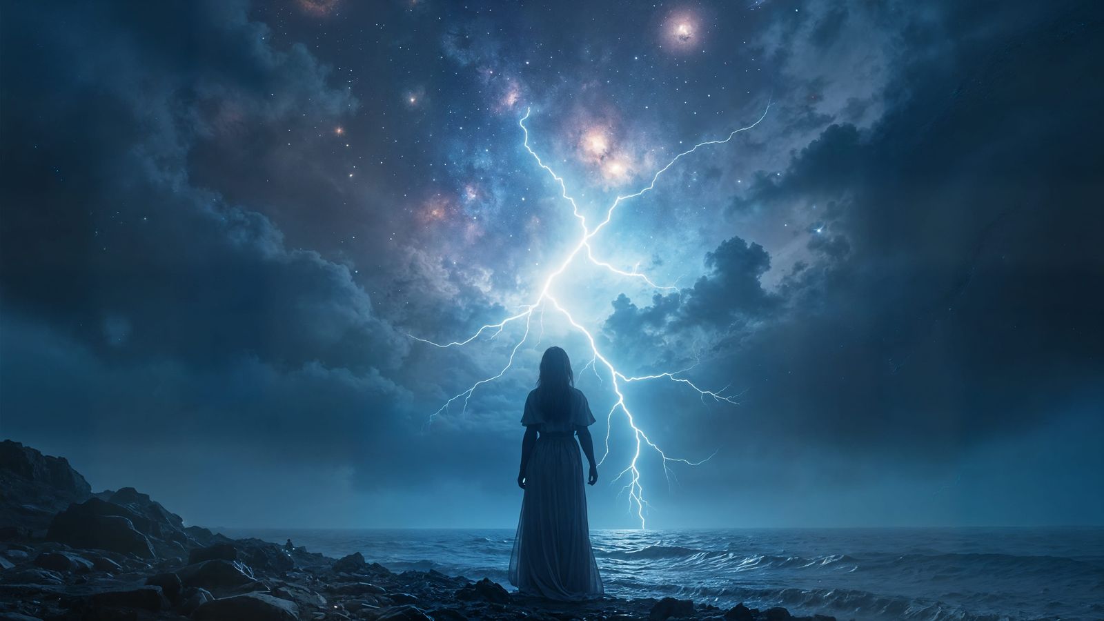 Lone Figure Beneath Shattered Sky, Cosmic Melancholy