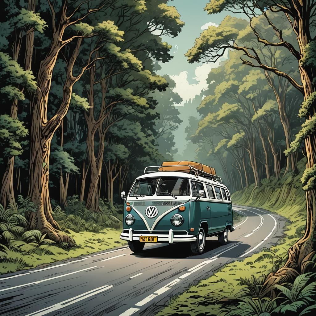 VW Camper Road Trip in Comic Book Style