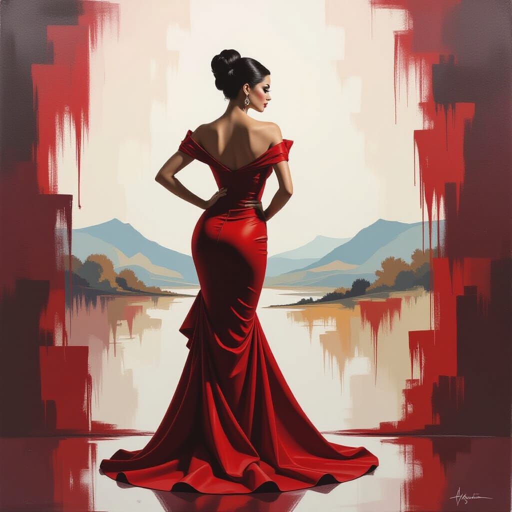 Elegant Woman Outline Drawing on Surrealist Landscape