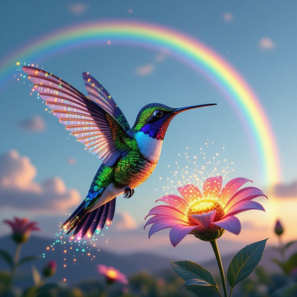 Bioluminescent Binary Code Hummingbird Under Rainbow