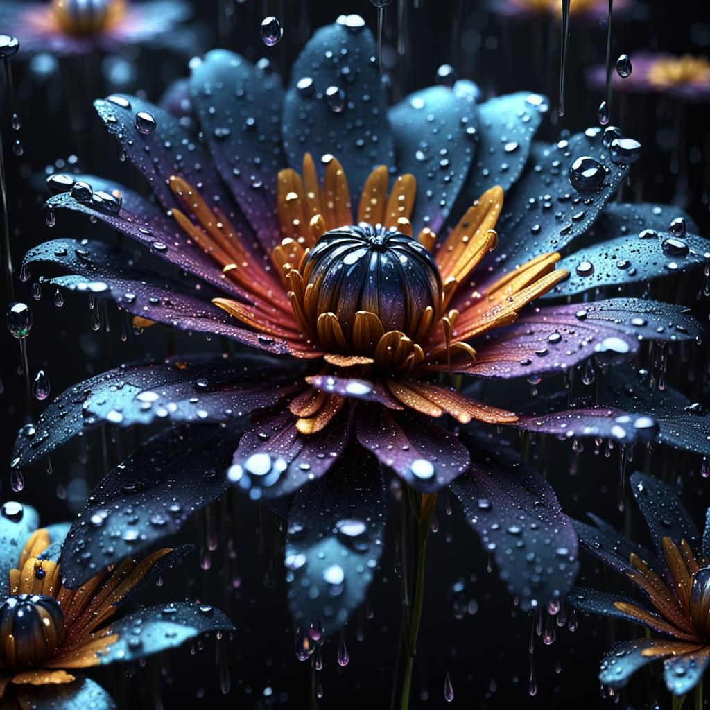 Sparkling Flower with Raindrops on Black Background