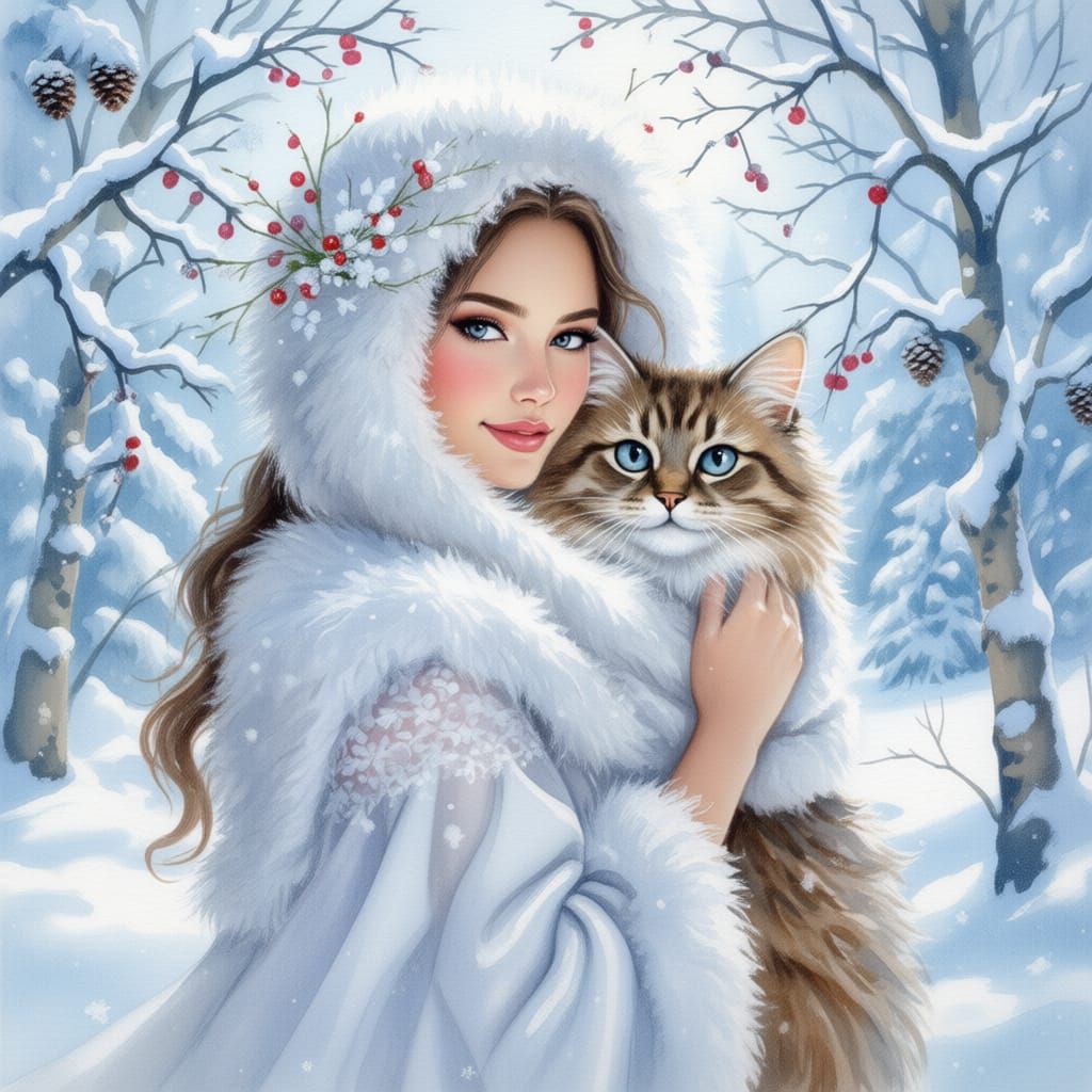 Winter Fairy Tale: Woman and Cat in Snowy Forest