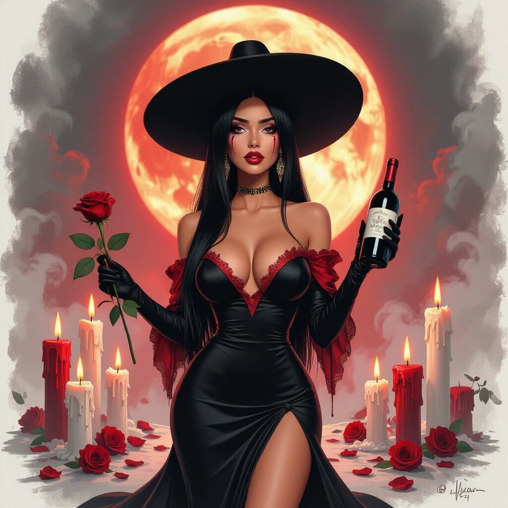 Melancholic Latina Woman With Wine Under Vintage Moon