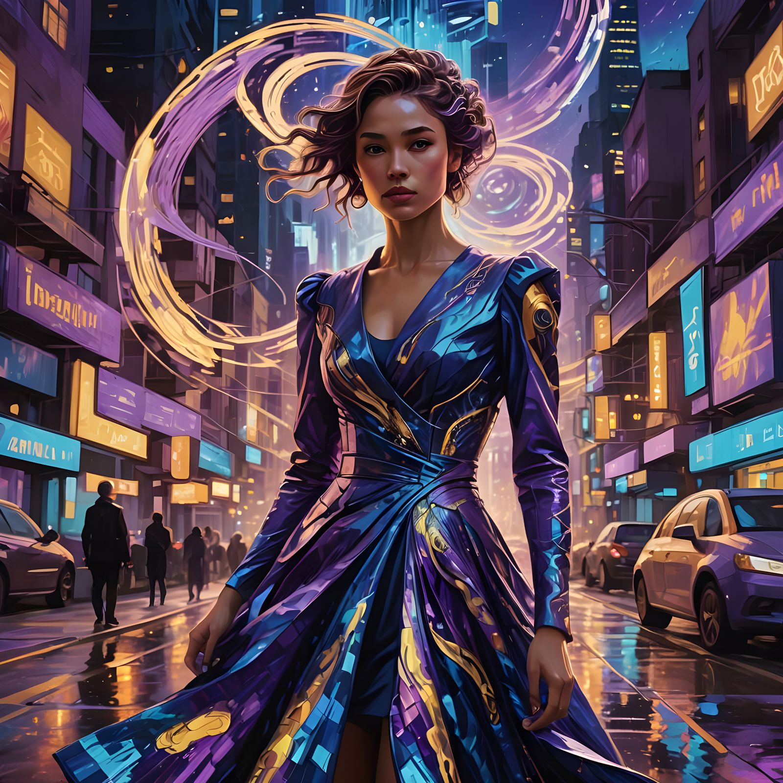 Van Gogh Portrait in a Futuristic Cityscape