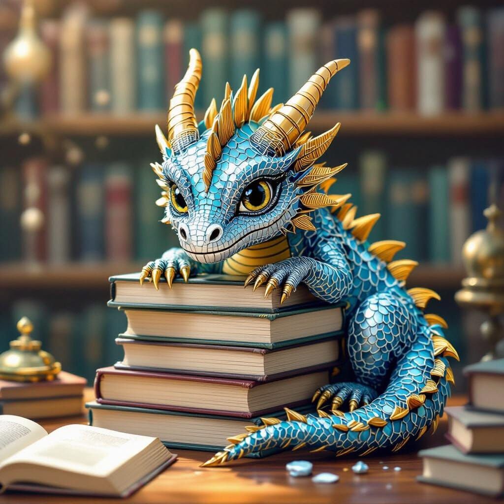 Chibi Dragon Peeks From Books in Cozy Library