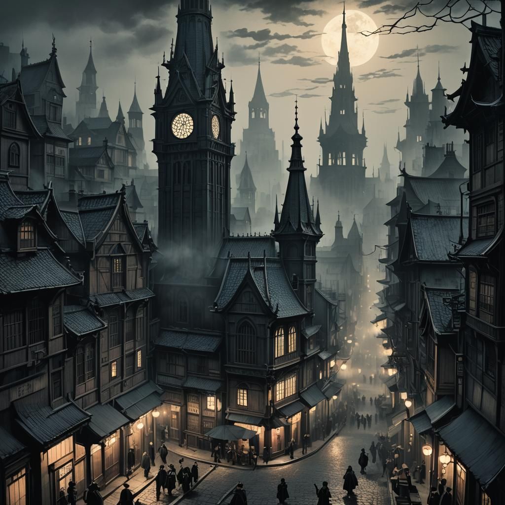 Dark Fantasy Cityscape in Ukiyo-e Style