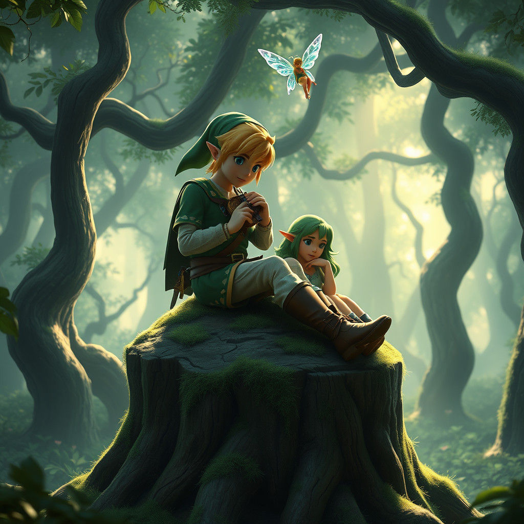 Link and Saria in Lost Woods, Fantasy Art
