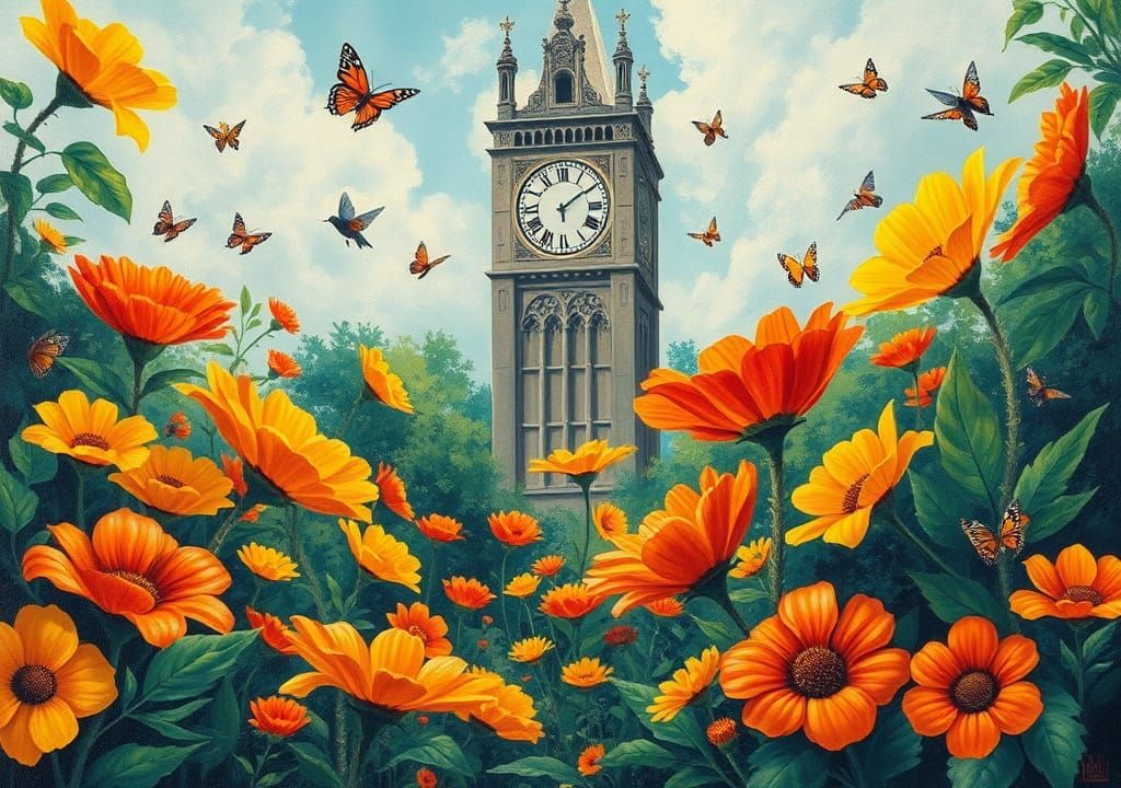 Vibrant Garden with Frozen Time Clock Tower