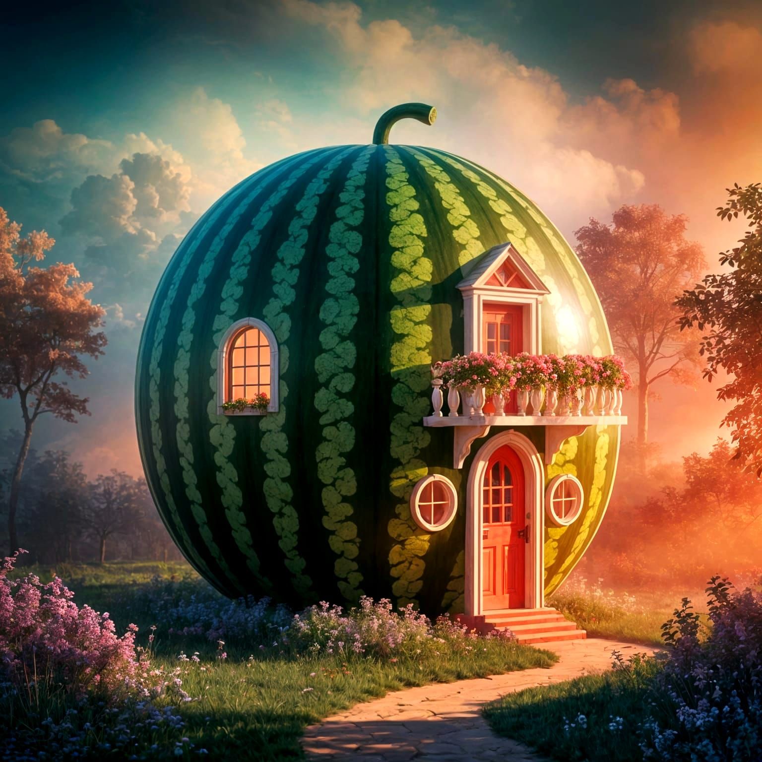 Whimsical Watermelon House in Dreamlike Landscape