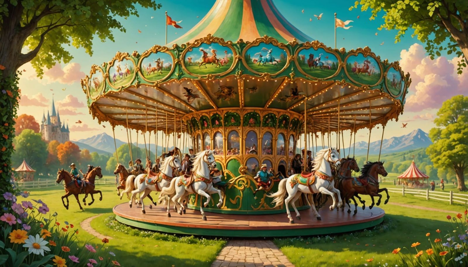 Magical Carousel in Green Field with Dancing Fairies