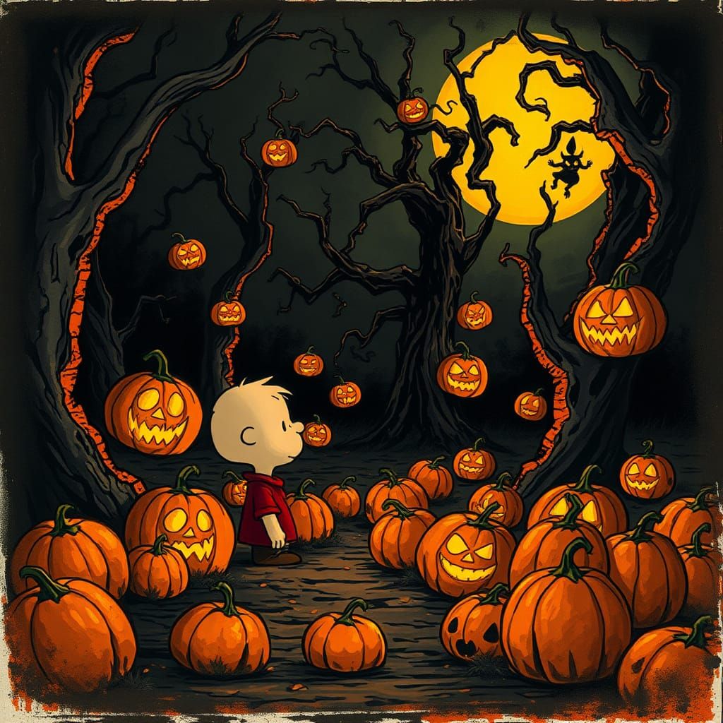 Eerie Pumpkin Patch Scene Inspired by Gustave Doré