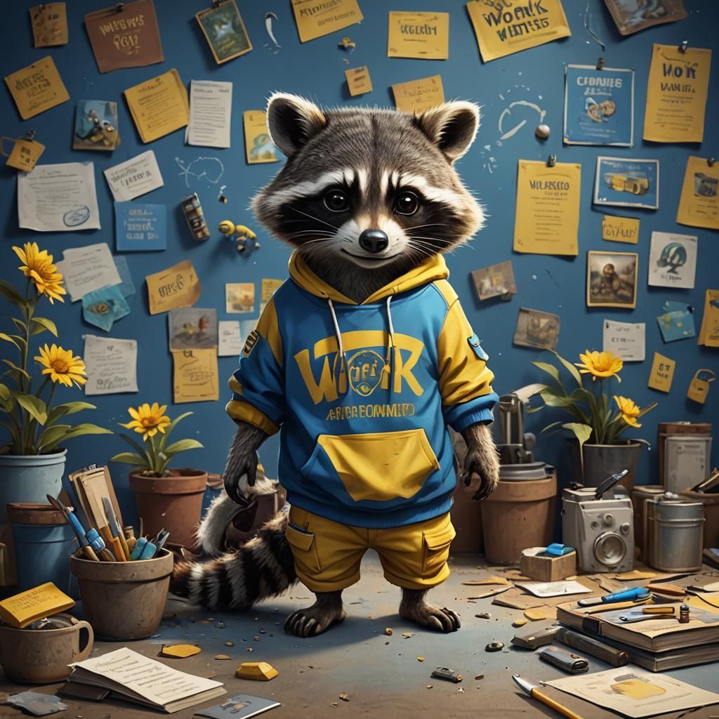 Raccoon in 'WORK' Sweatshirt, Detailed Matte Painting