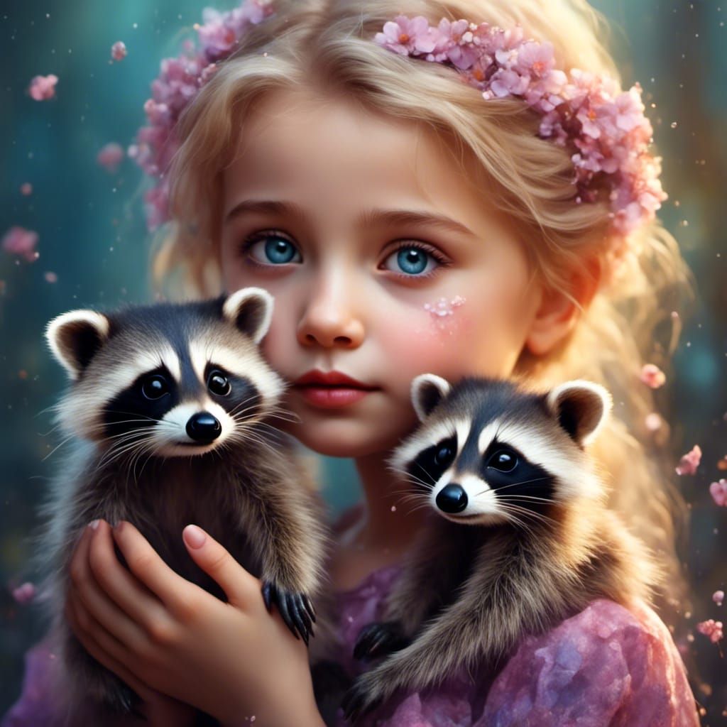 Woman Holds Baby Raccoon in Pastel Style