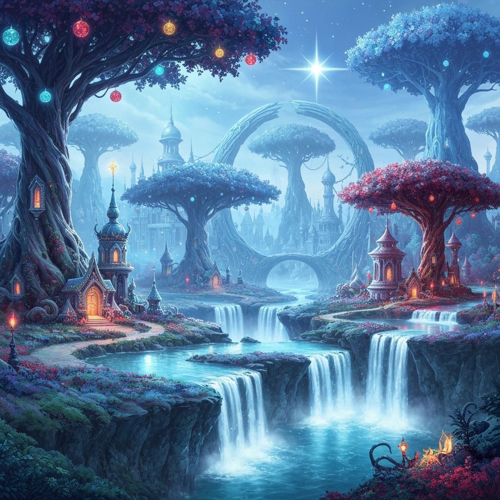Fantasy Christmas Landscape with Bioluminescent Trees and Wa...