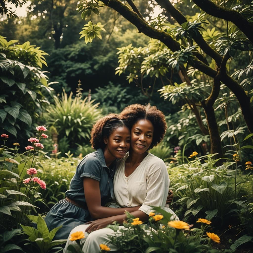 Cinematic Mother and Daughter Hug in Garden