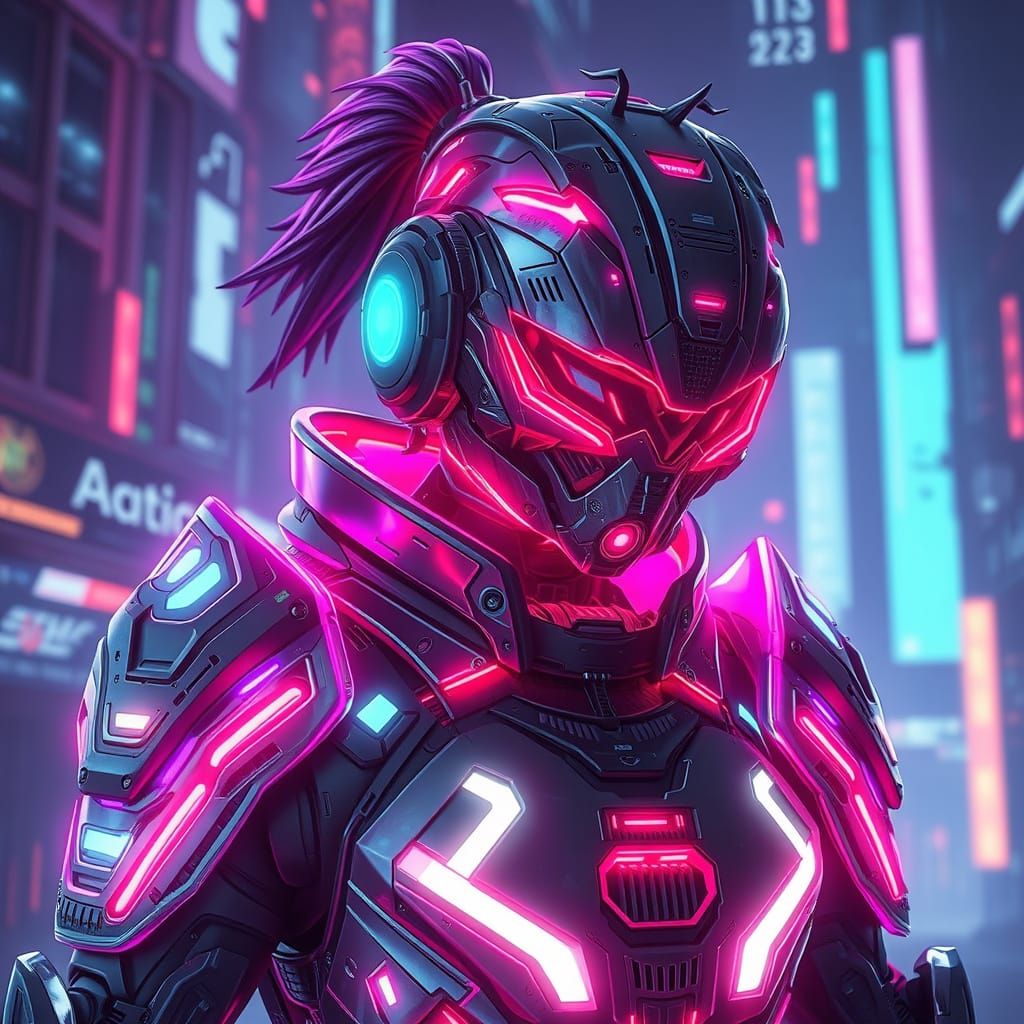 Cybernetically Enhanced Figure in Neon Armor as 3D Anime Art