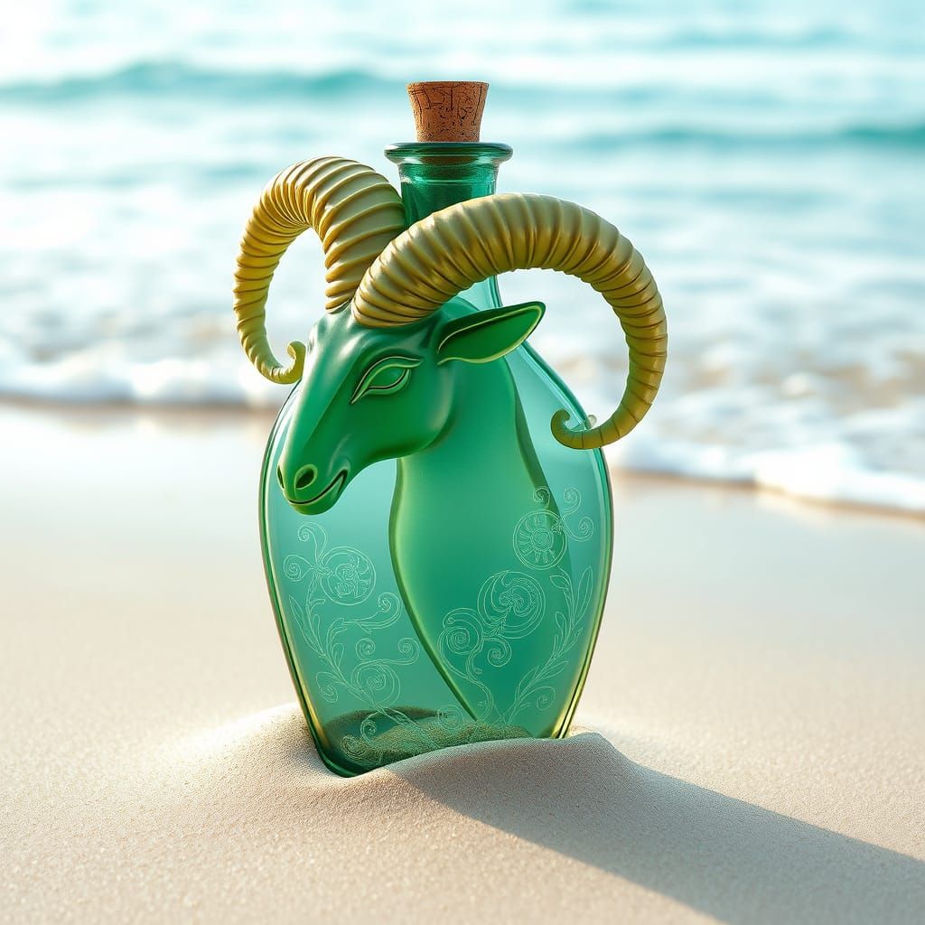 Surreal Aries Zodiac Sign in Delicate Glass Bottle on Turquo...
