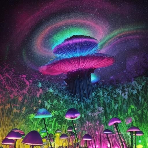 Psychedelic Neon Cosmos with Glowing UV Mushrooms