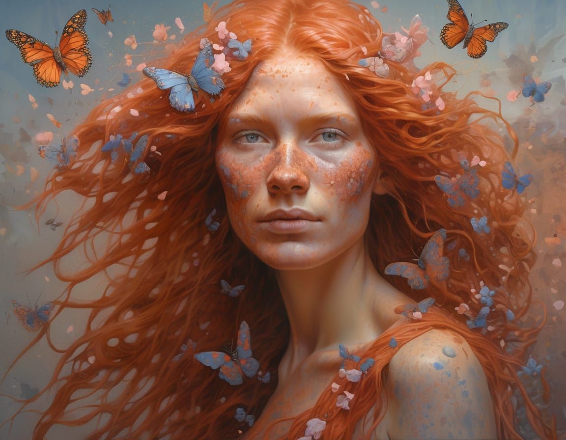 Crimson Haired Maiden with Butterflies in Oil Painting Style