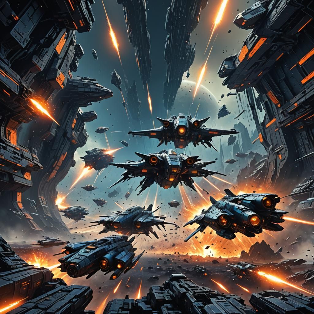 Vibrant Space Battle in Asteroid Field