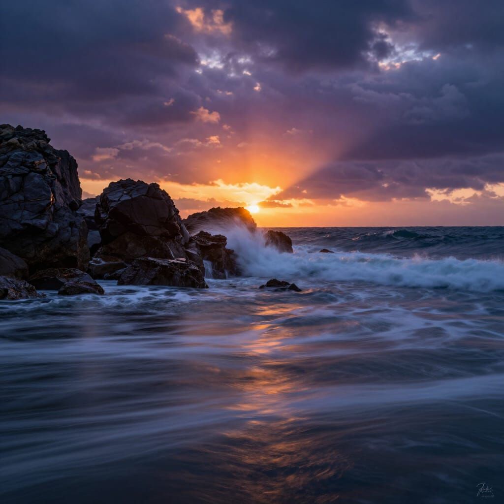 Dramatic Coastal Sunset Over Turbulent Ocean with Jagged Roc...