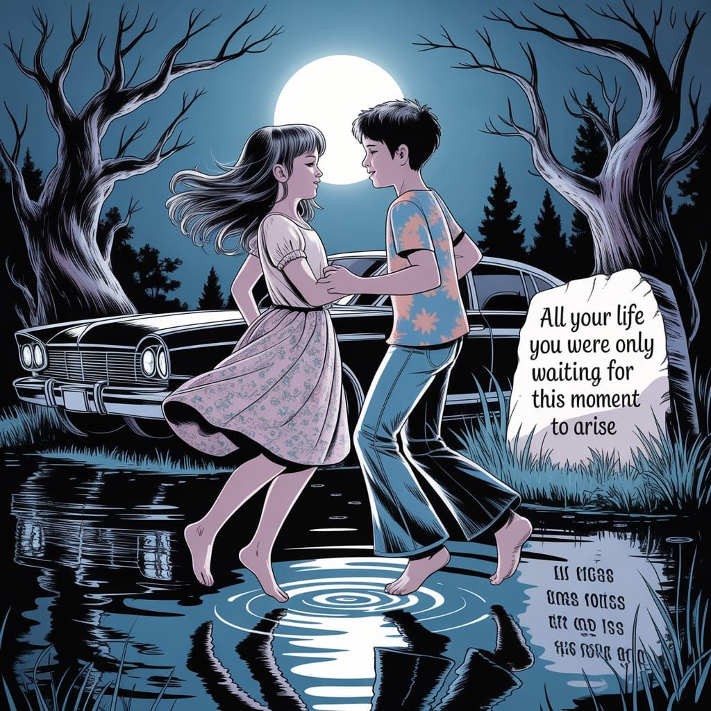 Gothic Hippie Couple Dancing by Moonlight Pond