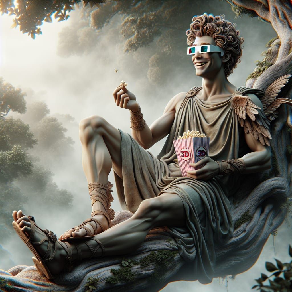 Hyperrealistic Hermes with 3D Glasses in Romantic Landscape