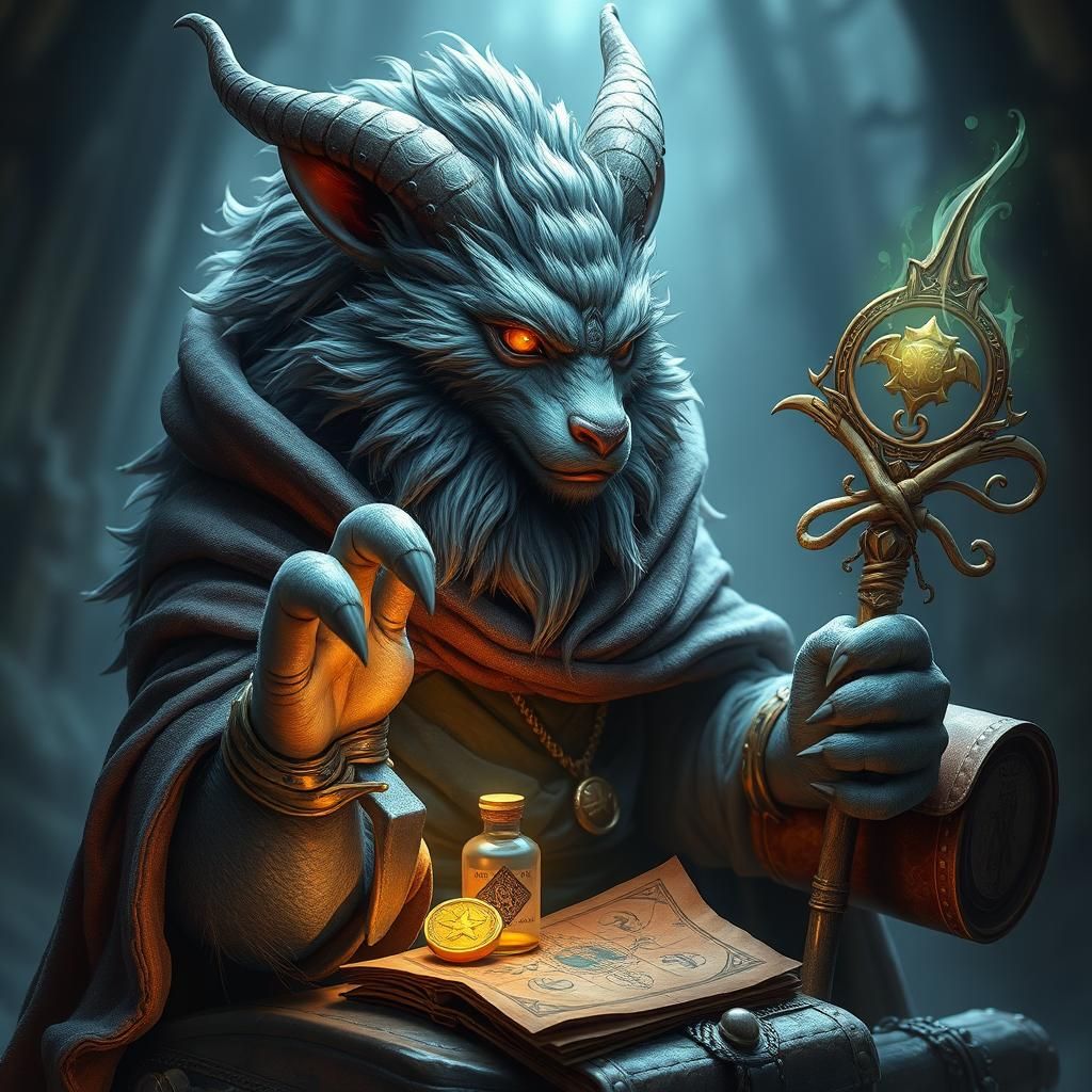 Horned Furry Monster with Staff and Game Items