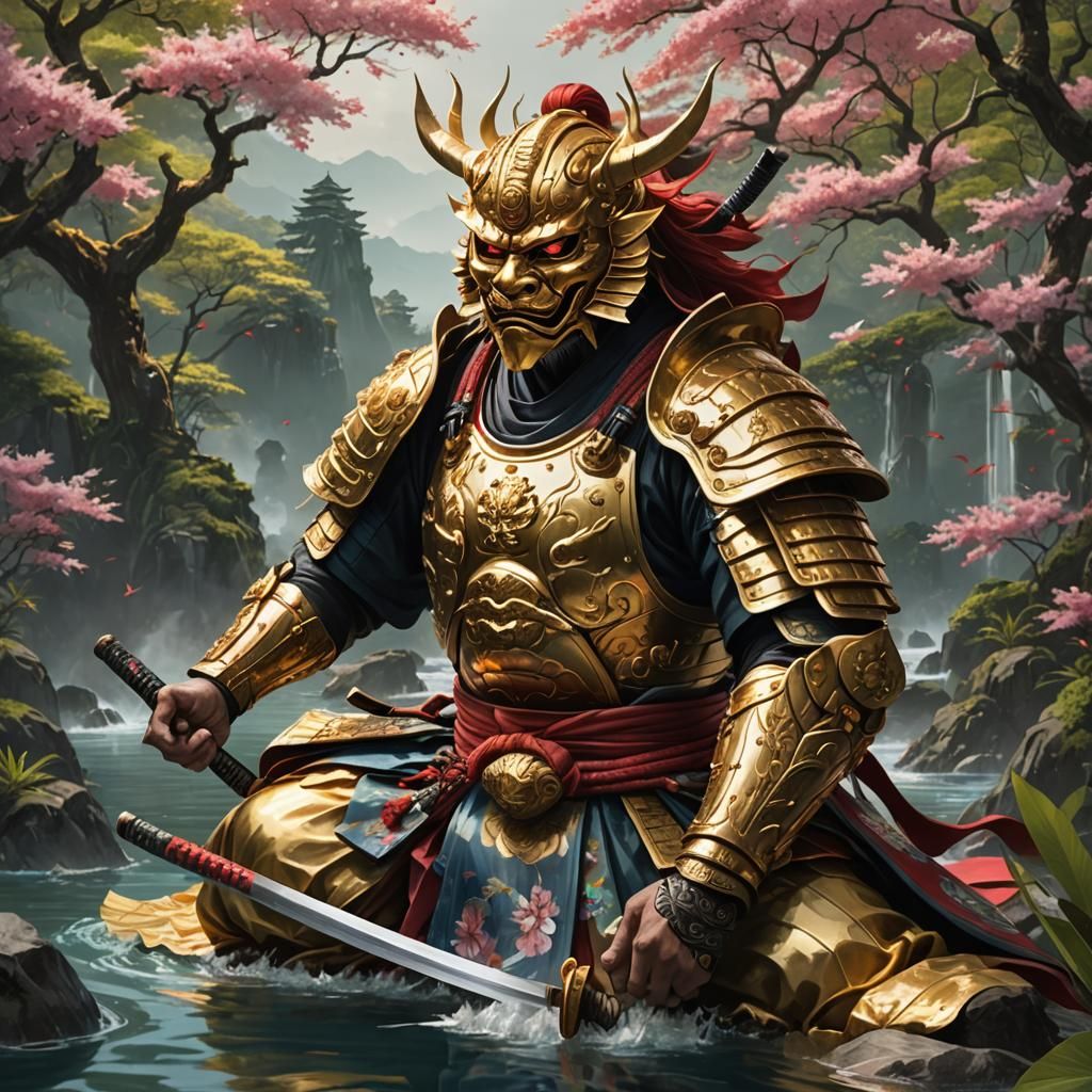 Samurai Meditating with Oni Mask in Golden Armor