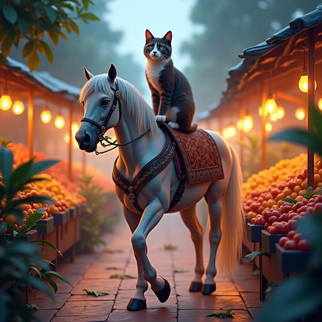Cat and Horse at Fruit Fair, Digital Matte Painting