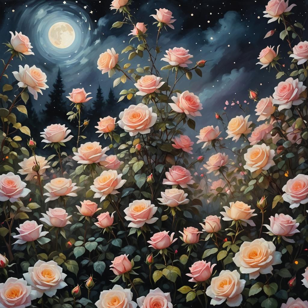 Moonlit Rose Garden: An Impressionist Oil Painting