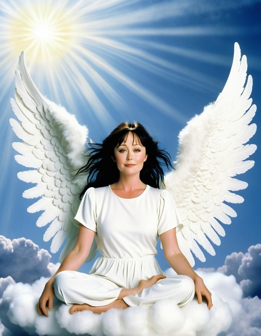 Angel with Wings Sitting on a Cloud in Heaven