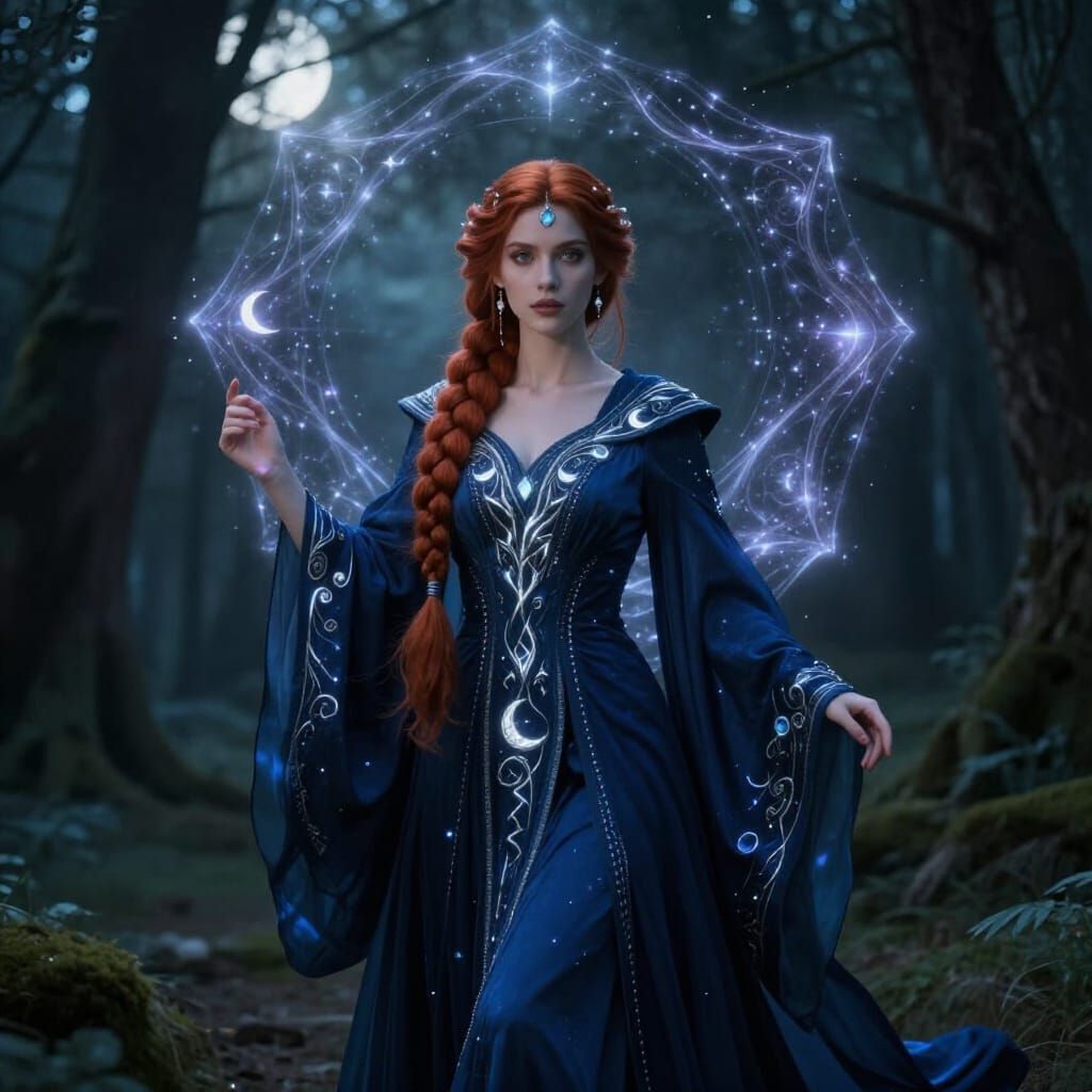 Ethereal Sorceress in Moonlit Forest Concept Art
