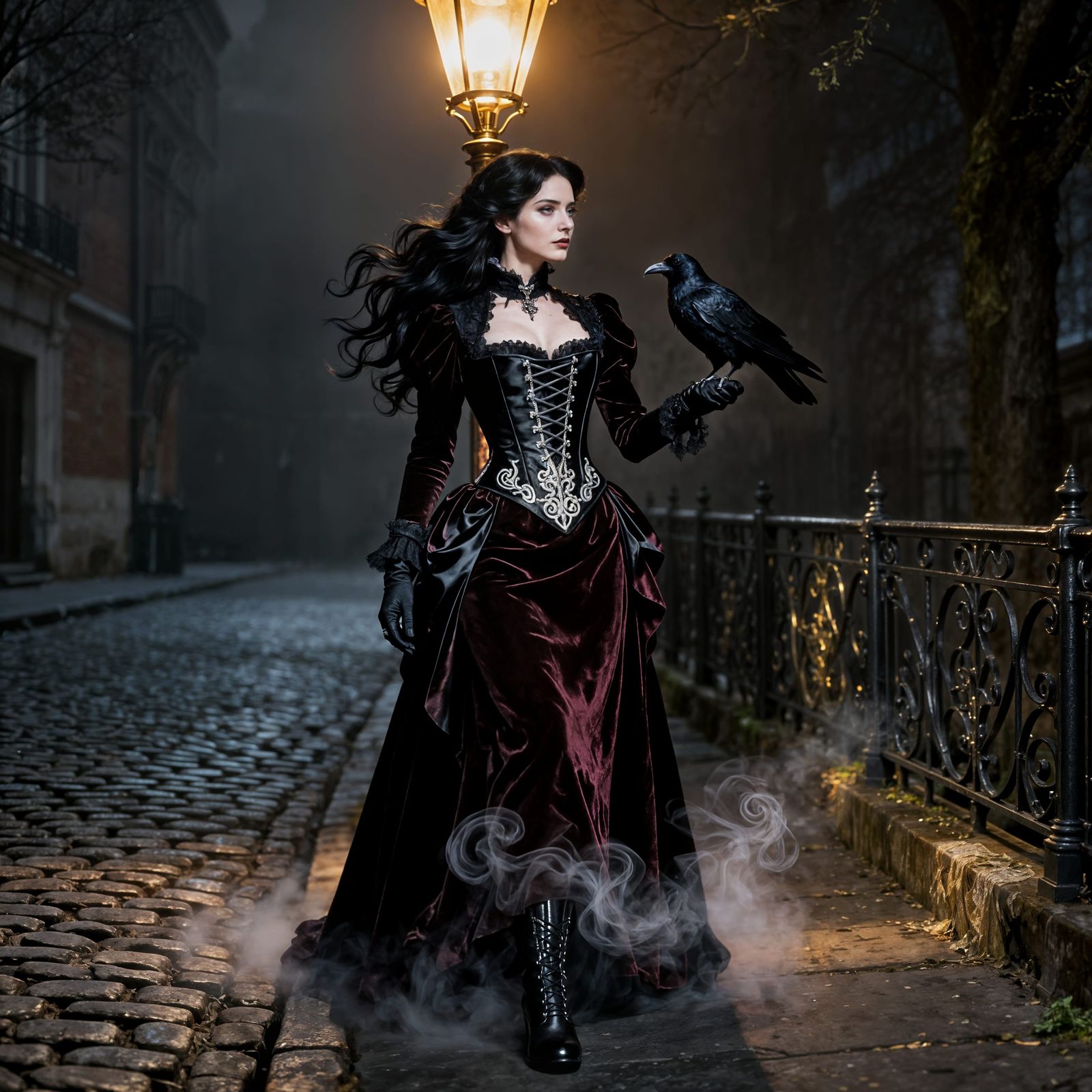 Victorian Woman with Raven Under Gaslamp
