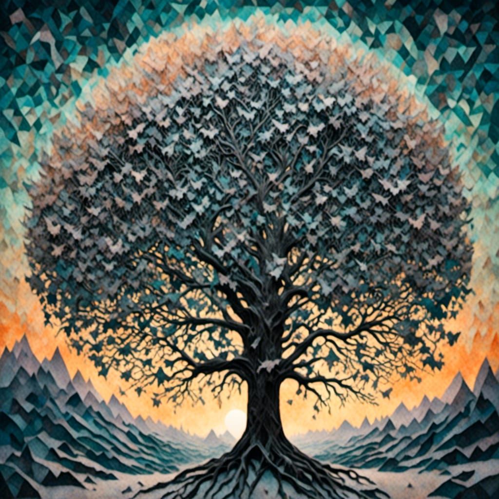 World Tree Silhouette in Papercraft Style