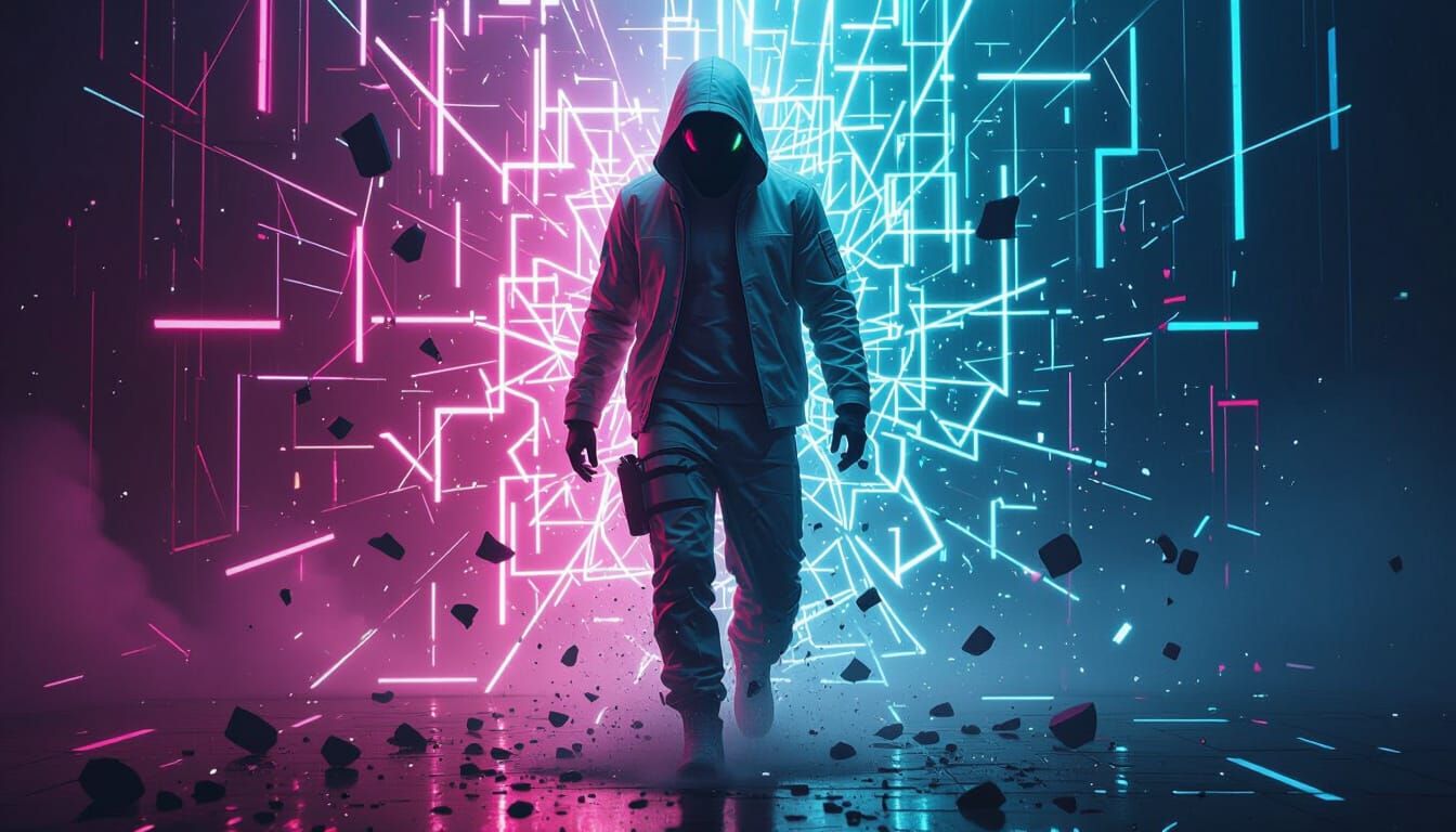 Figure Escapes Glitch Matrix in Neon-Drenched Darkness