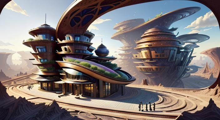 Futuristic Steampunk Concert Hall in Dystopian City