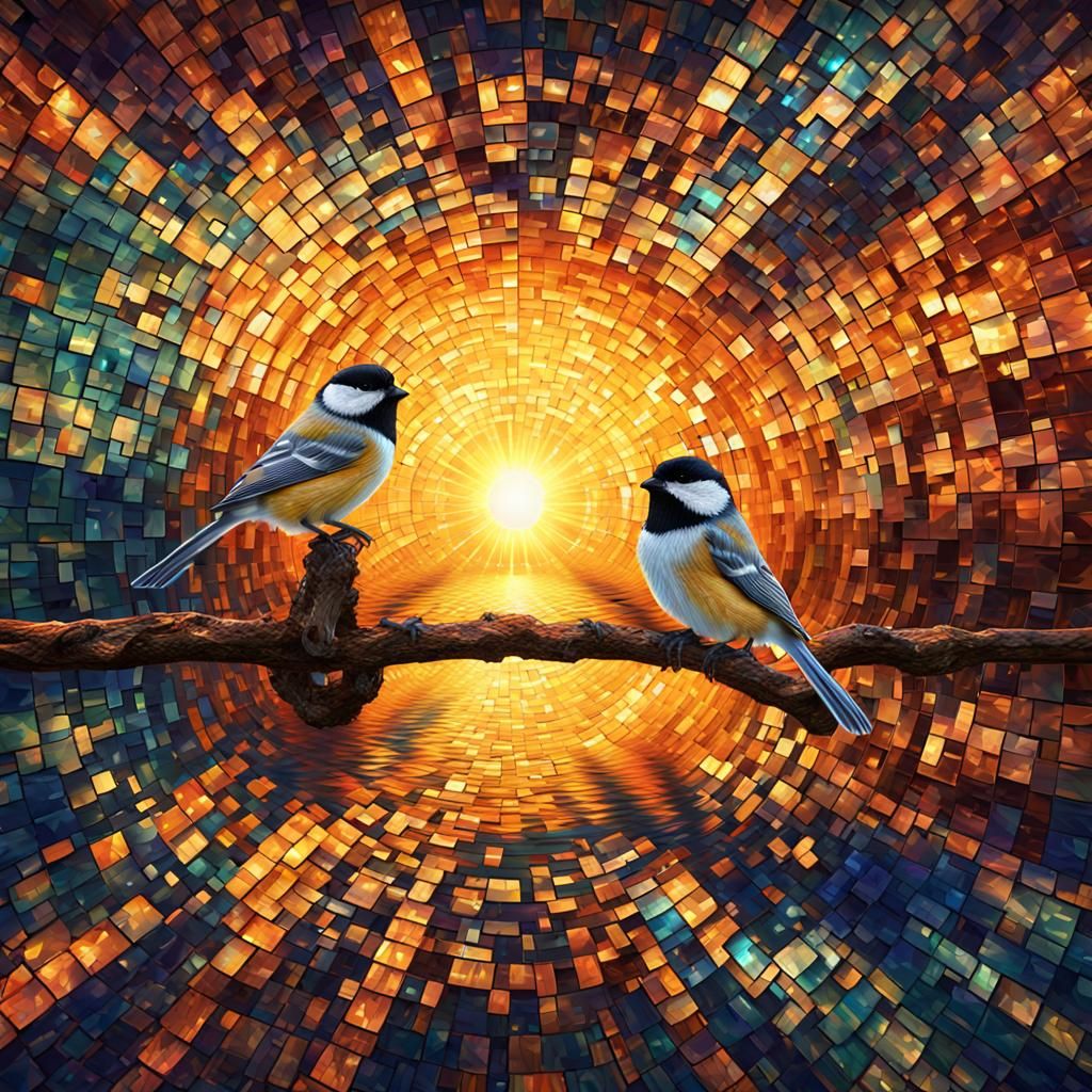 Chickadee in Kaleidoscopic Mosaic with Sunrays