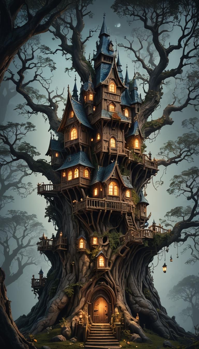 Fairy Castle Treehouse at Night in Digital Art