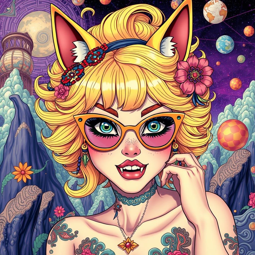Vibrant Neko Woman in Psychedelic Anime Landscape