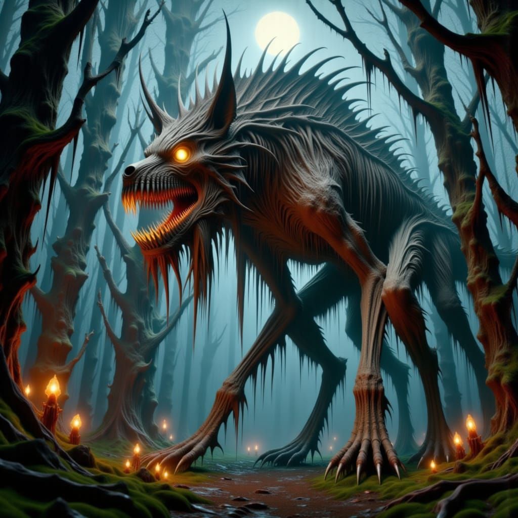 Majestic Dark Fantasy Wolf in Moonlit Forest