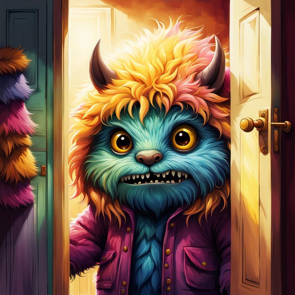 Shy Monster Peeking from Closet Illustration