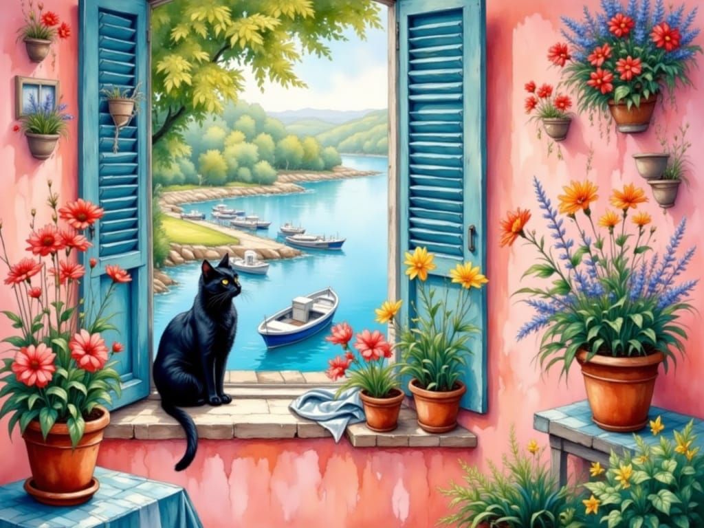 Black Cat in Matisse-Style Window Scene