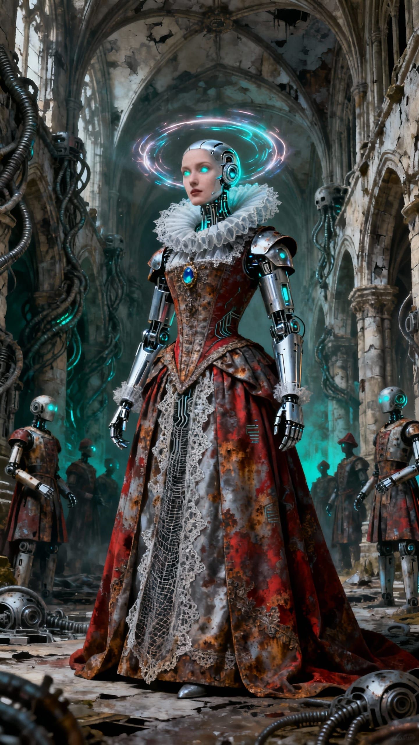 Elizabeth I as Android Empress in Dystopian Oil Painting