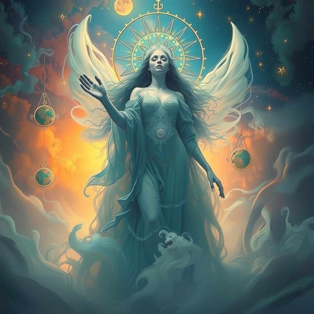 Ethereal Goddess Emerges from Cosmic Mist